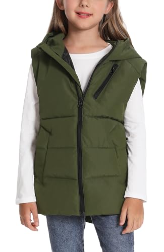 FEOYA Jungen Daunenweste Winter Solid Kinder Winterweste Warme Outdoor Mädchen Jacke Ärmellose Gefüttert Steppweste Leicht Herbst Weste Fleece Mode Gilet Puffer Stehkragen Armee Grün 10 11 Jahre von FEOYA