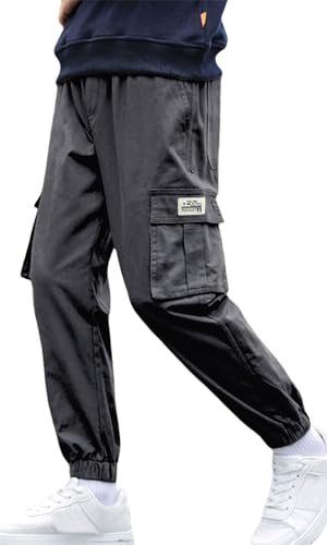 FEOYA Jungen Hosen Kinder Jogginghose Cargohose Baumwolle mit Gummizug Sweathose Freizeithose mit Elastischem Bund Jogginghose mit Taschen Grau 10-11 Jahre von FEOYA