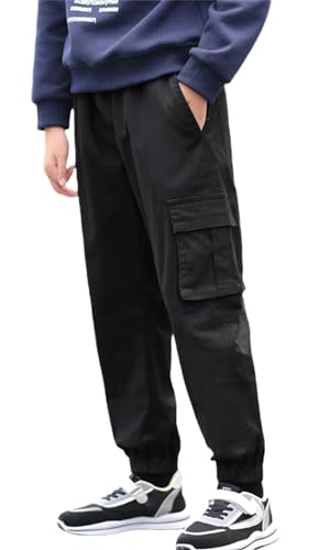 FEOYA Jungen Hosen Kinder Jogginghose Cargohose Baumwolle mit Gummizug Sweathose Freizeithose mit Elastischem Bund Jogginghose mit Taschen Schwarz 9-10 Jahre von FEOYA
