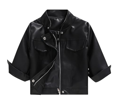 FEOYA Jungen Kleidung Freizeit Short Kinder Mantel Herbst Coole Mädchen Lederjacke Langarm Fleece Jacke Motorrad Frühling Weihnachten Mode Weihnachten Mit Reißverschluss Schwarz 8 9 Jahre von FEOYA