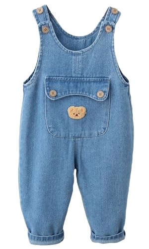 FEOYA Jungen Mädchen Denim Latzhose Baby Kleinkind Lose Hosenträger Latzhose Weiche Baumwolle Jeanshose Unisex Kinder Latzhose Niedliche Cartoon Jeans Strampler Jumpsuit mit Tasche Overall 1-2 Jahre von FEOYA