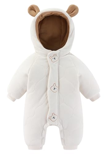 FEOYA Jungen Mädchen Strampler Warmer Dicker Schneeanzug Winter Jumpsuit Neugeborene Fleece Spielanzug Cute Bär Overall mit Kapuze 6-12 Monate von FEOYA