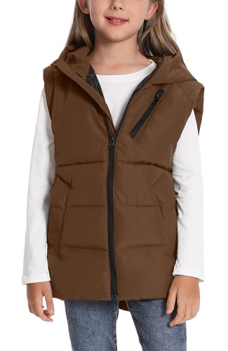 FEOYA Jungen Steppweste Winter Western Kinder Weste Warme Frühling Mädchen Gilet Ärmellose Dick Daunenweste Leicht Festes Winterweste Fleece Mit Kapuze Jacke Puffer Lässig Kaffeefarbe 8 9 Jahre von FEOYA