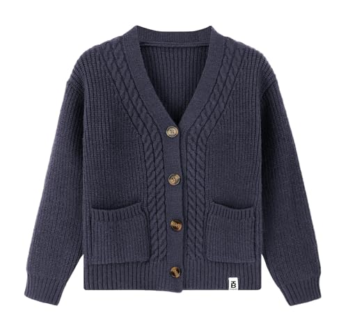 FEOYA Jungen Strickjacken Mit Knopf Lang Kinder Strickpullover V-Kragen Moda Teenager Sweatshirt Mit Kapuze Solid Pulli Slim Fit Warm Winter Velvet Dick Frühjahr Dunkelblau 10 11 Jhare von FEOYA