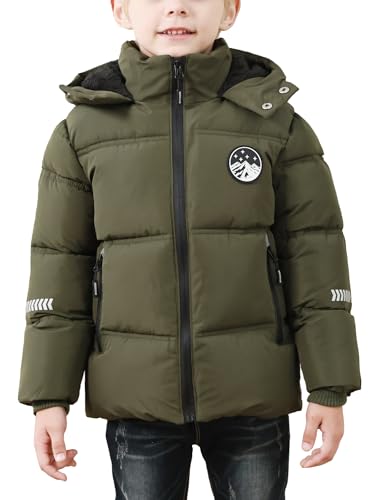 FEOYA Jungen Wintermantel Kinder Gefütterte Daunenmantel Puffer Übergangsjacke Thermo Winterjacke Winddichte Outdoorjacke Steppjacke 4-5 Jahre Grün von FEOYA