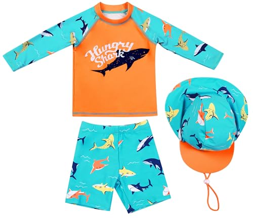 FEOYA Jungen Zweiteiliger Badeanzug Kinder Bademode Uv-Schutz Schwimmanzug Strand Swimsuit Badeshirt Badehose Badekappe Badebekleidung für Schwimmunterricht,Strand und Pool 110 von FEOYA