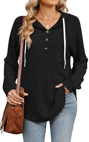 FEOYA Kapuzenpullover Damen Hoodie Pullover mit Taschen Kordelzug Sweatshirt Einfarbig Drawstring Oberteil Lässig Langarmshirt Herbst Pulli Schwarz XXL von FEOYA