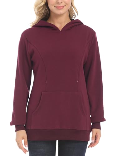 FEOYA Kapuzenpullover für Schwangere Sweatshirts zum Stillen Weiche Bequem Stillshirt Winter Warm Reißverschluss Stillpullover M von FEOYA