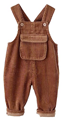 FEOYA Kind Cord Latzhose Gerippter Samt Kleinkind Bodysuit Unisex Arbeitshose Hosenträger Taschen Overall Hosen Jungen Mädchen Knöpfe Outfit Neugeborenen Latzhose für Frühling Herbst Braun 80 von FEOYA