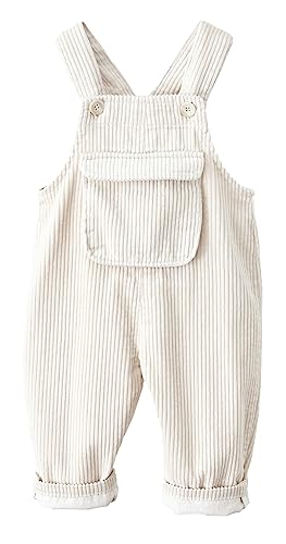 FEOYA Kind Cord Latzhose Gerippter Samt Kleinkind Bodysuit Unisex Arbeitshose Hosenträger Taschen Overall Hosen Jungen Mädchen Knöpfe Outfit Neugeborenen Latzhose für Frühling Herbst Cremefarben 80 von FEOYA