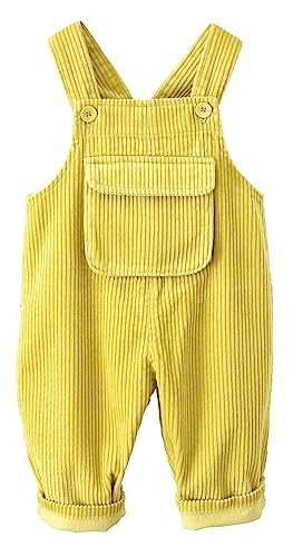 FEOYA Kind Cord Latzhose Gerippter Samt Kleinkind Bodysuit Unisex Arbeitshose Hosenträger Taschen Overall Hosen Jungen Mädchen Knöpfe Outfit Neugeborenen Latzhose für Frühling Herbst Gelb 90 von FEOYA