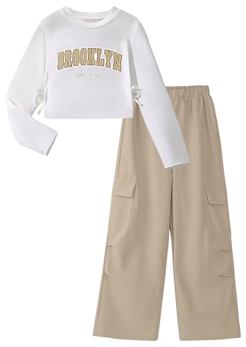 FEOYA Kind Jogginghose Cargo Langärmel Für Mädchen Anzug Baggy Hip Hop Teenager Oberteile Hose Dance Sommer Mädchen Hosen Set Frühjahr Mit Elastischem Bund Weite Loose Coole Solid Hellbraun 11 Jahre von FEOYA