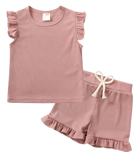 FEOYA Kinder Anzug Mädchen Sommer Set Zweiteiliger Freizeitanzug Tanktops mit Shorts Kleidung Sets Weiche Einfarbige Babyset Lässig Kleidungsset Dünn Sommerkleidung Mode Outfit 3-4 Jahre von FEOYA