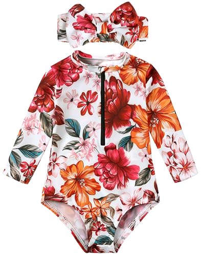 FEOYA Kinder Badeanzug mit Kopfschmuck EIN Stück Baby Langarm Badeanzug Mädchen Kleinkind Stück Badeanzug Sonnenschutz Schwimmanzug Kostüm C3 90 von FEOYA