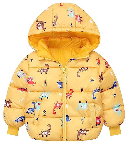 FEOYA Kinder Baumwolljacke Kindermantel Winter Gefüttert Mädchen Leichte Jacke Mit Abnehmbarer Mütze Geeignet Für Baby und Jungen Drucken Kleidungsset Warme Kurze Daunenjacke Coat Gelb von FEOYA