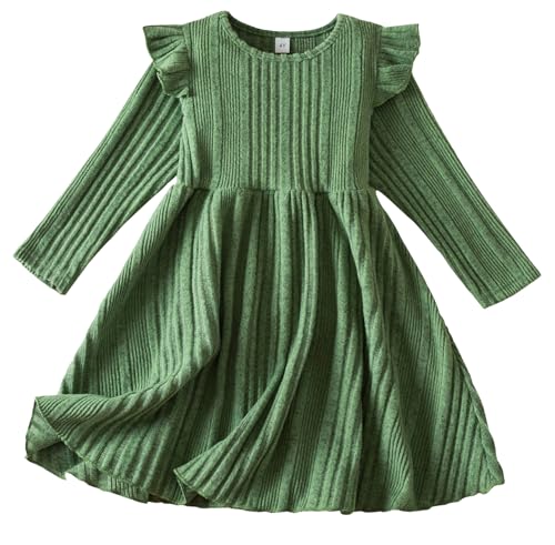 FEOYA Kinder Freizeitkleid A-Linie Mädchen Kleid Flatter Langarm Strickkleid Herbst Winter Keid Einfarbig Grün 3 Jahre von FEOYA
