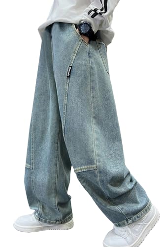 FEOYA Kinder Hose Baggy Outdoor Teenager Jogginghose Straight Fit Dünne Für Jungen Jeanshose Mit Elastischem Bund School Jungen Jeans Elastisch Sport Loose Freizeit Denim Frühjahr 02 Blau 13 14 Jahre von FEOYA