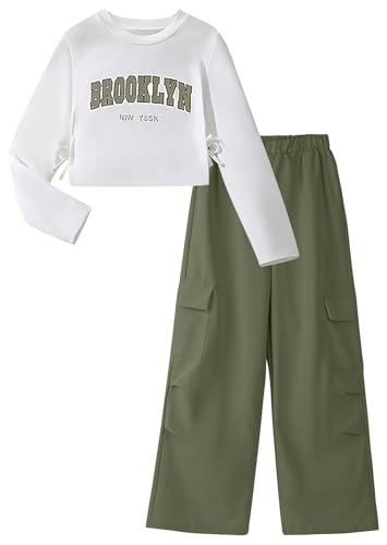 FEOYA Kinder Hosen Set Cargo Sommer Für Mädchen Cargohose Baggy Mit Elastischem Bund Teenager Jogginghose Dance Loose Mädchen Anzug Frühjahr Solid Weite Leichte Coole Elastic Dunkelgrün 9 Jahre von FEOYA