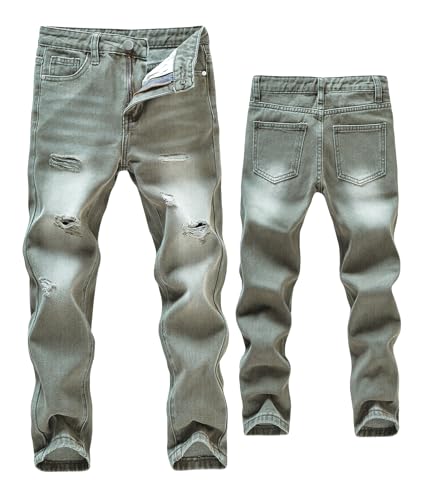 FEOYA Kinder Jeans Zerrissene Elastischem Teenager Hose Slim Fit Stretch Jungen Denimjeans Mit Gummizug Zipp Off Freizeithosen Hip Hop Ripped Loch Straight Mode Zerstört 06 9 10 Jahre von FEOYA
