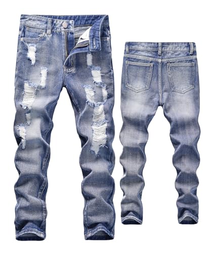 FEOYA Kinder Jeans Zerrissene Straight Teenager Hose Slim Fit Zerstört Jungen Denimjeans Mit Gummizug Dünne Freizeithosen Hip Hop Mit Gummizug Loch Zerrissen Mode Frühjahr 01 11 12 Jahre von FEOYA