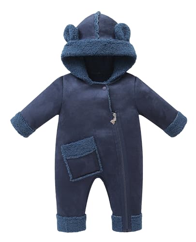 FEOYA Kinder Jumpsuit Winter Warme Neugeborenen Wintermantel Fleece Lässig Baby Strampler Langarm Mode Mädchen Kleidung Herbst Dicke Jungen Schneeanzug Mit Kapuze Plüsch Blau 0 6 Monate von FEOYA
