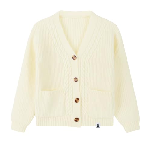 FEOYA Kinder Kinderpullover Mit Knopf Coole Teenager Strickwesten V-Kragen Einfarbig Jungen Strickjacken Mit Kapuze Lang Strickpullover Slim Fit Moda Winter Solid Dick Warm Beige Weiß 11 12 Jhare von FEOYA