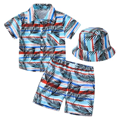 FEOYA Kinder Lässig Anzug Jungen Sommer Strand Bedruckt Outfit Kurzarm Hemden Hosen Oberteil Button Down Shirt Elastische Taille Shorts Pants mit Fischerhut 120cm/5-6 Jahre von FEOYA