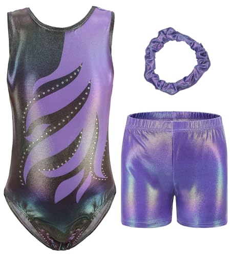 FEOYA Kinder Mädchen 3Pcs Turnanzug Ärmellose Gymnastikanzug Ballett Tanz Gymnastik Bodysuit Top mit Shorts Haarband Set Diamant Gymnastik Kleidung für Mädchen K 9-10 Jahre von FEOYA
