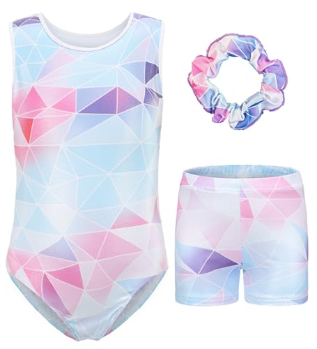 FEOYA Kinder Mädchen Ärmellose Gymnastikanzug Bodysuit Top Shorts Haar Band Set Gradient Bunte Ballett Tanz Gymnastik Athletische Tanzbekleidung 3Pcs Tanz Outfits F 11-12 Jahre von FEOYA