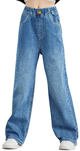 FEOYA Kinder Mädchen Jeans Breites Bein Casual Baggy Hose Denim Mädchen Jeans Elastische Taille Casual Frühling Herbst, Stil 2, 12-13 Jahre von FEOYA