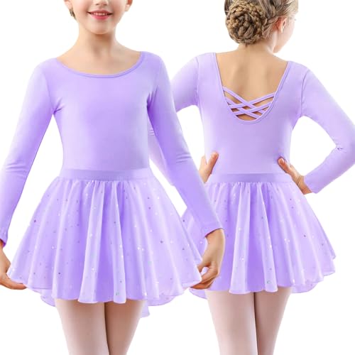 FEOYA Kinder Mädchen Langarm Ballett Trikot Ballettanzug mit Tüllrock Baumwolle Ballettkleid Ballettkleidung mit Tanzrock Glitzer Tanzkleid Bequem Balletttrikot Rückenfrei Turnanzug 140 von FEOYA