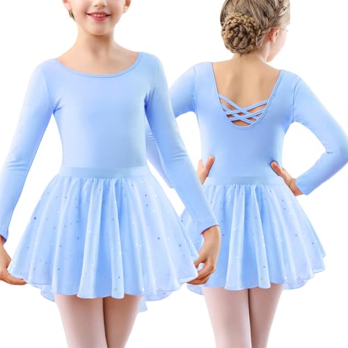 FEOYA Kinder Mädchen Langarm Ballett Trikot Ballettanzug mit Tüllrock Baumwolle Ballettkleid Ballettkleidung mit Tanzrock Glitzer Tanzkleid Bequem Balletttrikot Rückenfrei Turnanzug 140 von FEOYA