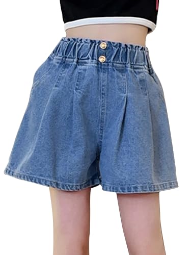 FEOYA Kinder Mädchen Sommer Jeans Shorts Weich Baumwolle Kurze Hose Sommershorts High Waist Denim-Shorts Süß Casual Hotpants Atmungsaktiv Stretch Jeansshorts Gummiband Tanzshorts 140 von FEOYA