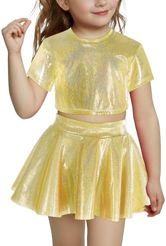 FEOYA Kinder Mädchen Tanzkostüm Hip-Hop Jazz Bekleidung Glänzend Jungen Tanzkleidung Unisex Street Dance Kleidung Kostüm T-Shirt Faltenrock Set Gold 2 12-13 Jahre von FEOYA