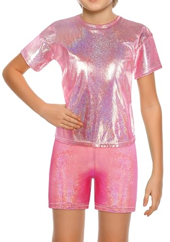 FEOYA Kinder Mädchen Tanzkostüm Hip-Hop Jazz Bekleidung Glänzend Jungen Tanzkleidung Unisex Street Dance Kleidung Kostüm T-Shirt Faltenrock Set Rosa 1 3-4 Jahre von FEOYA