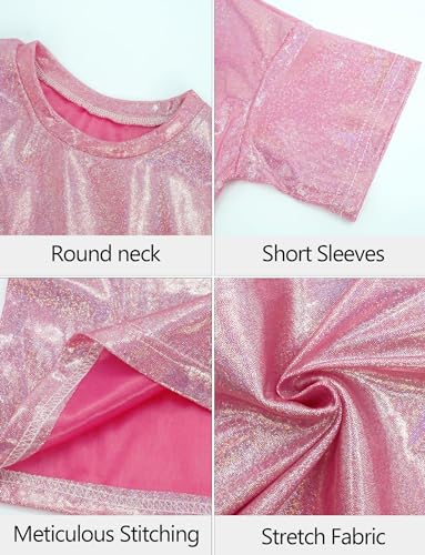 FEOYA Kinder Mädchen Tanzkostüm Hip-Hop Jazz Bekleidung Glänzend Jungen Tanzkleidung Unisex Street Dance Kleidung Kostüm T-Shirt Faltenrock Set Rosa 2 5-6 Jahre von FEOYA