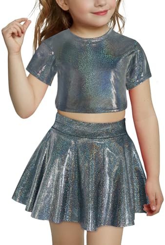 FEOYA Kinder Mädchen Tanzkostüm Hip-Hop Jazz Bekleidung Glänzend Jungen Tanzkleidung Unisex Street Dance Kleidung Kostüm T-Shirt Faltenrock Set Schwarz 2 8-9 Jahre von FEOYA
