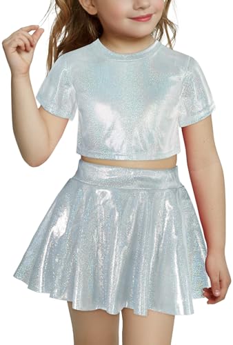 FEOYA Kinder Mädchen Tanzkostüm Hip-Hop Jazz Bekleidung Glänzend Jungen Tanzkleidung Unisex Street Dance Kleidung Kostüm T-Shirt Faltenrock Set Silber 7-8 Jahre von FEOYA