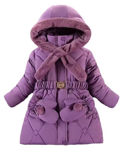 FEOYA Kinder Mädchen Winterjacke Dicke Warm Wintermantel Mittellange Puffer Steppjacke Verdickte Kapuzemantel Winddichte Daunenjacke mit Handschuhe 120 von FEOYA