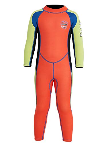 Kinder Neopreneanzug Badeanzug Mädchen Schwimmanzug Einteiler Nassanzüge Neopren Tauchen Surfen Schnorcheln Ganzkörper Unisex 2.5MM Tauchanzug UV-Schutz Langarm Wetsuit-Orange 2-M von FEOYA