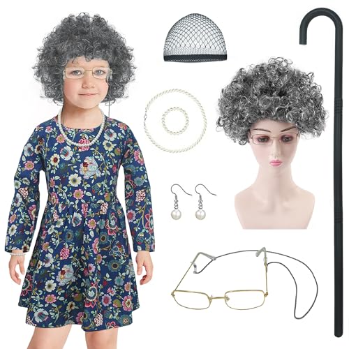 FEOYA Kinder Oma Kostüm Großmutter Perücke Kostüm 8 Stück Cosplay Set Alte Dame Perücke Perücke Kappe Brille Brillenketten Perlenkette Ohrringe Krücke für Karneval Halloween Party 5-6 Jahre von FEOYA