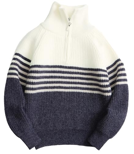FEOYA Kinder Pullover für Herbst Winter Jungen Langarm Strickpullover Warm Sweaters mit Halb Reißverschluss Gestreiften Top 8-9 Jahre von FEOYA