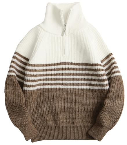 FEOYA Kinder Pullover für Herbst Winter Jungen Langarm Strickpullover Warm Sweaters mit Halb Reißverschluss Gestreiften Top 8-9 Jahre von FEOYA