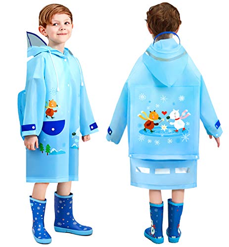 FEOYA Kinder Regenmantel Wasserdicht Atmungsaktiv Weich Regenbekleidung Regenponcho Jungen Mädchen Wiederverwendbar Leicht Cartoon Unisex Regenmantel Regencape Regenjacke Blau B XL von FEOYA