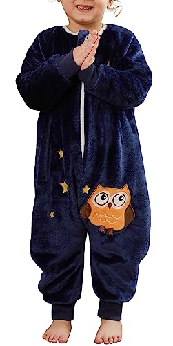 FEOYA Kinder Schlafsack mit Ärmeln Baby Schlafsack Flanell Pyjama Junge Mädchen Winter Herbst Cartoon Schlafanzug Tier Kostüm Set Neugeborenes Blau 4-5 Jahre von FEOYA