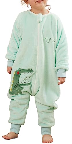 FEOYA Kinder Schlafsack mit Ärmeln Baby Schlafsack Flanell Pyjama Junge Mädchen Winter Herbst Cartoon Schlafanzug Tier Kostüm Set Neugeborenes Grün 1-2 Jahre von FEOYA