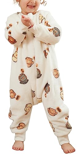 FEOYA Kinder Schlafsack mit Ärmeln Baby Schlafsack Flanell Pyjama Junge Mädchen Winter Herbst Cartoon Schlafanzug Tier Kostüm Set Neugeborenes Weiß 1-2 Jahre von FEOYA