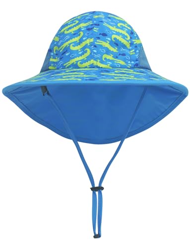 FEOYA Kinder Sonnenhut mit UV-Schutz Unisex Mädchen Jungen Kinderhut Fischerhut Sommermütze mit Kinnriemen Outdoor Nackenschutz UV 50+Schutz Sea Blue3-12 Monat von FEOYA