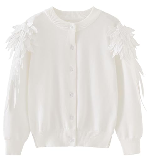 FEOYA Kinder Strickjacke mit Flügeln Mädchen Bolerojacke Langarm Kleinkind Pullover Mit Knöpfen Cardigan Frühling Herbst Winter Weiß 100 von FEOYA