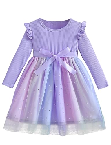 FEOYA Kinder Tüllrock Festlich Glitzer Baby Taufkleid Prinzessin Elegant Teenager Kleid Einschulung Party Mädchen Abendkleid Hochzeit Schmetterling Kostüm Langarm Weihnachten Tüll Violett 4 5 Jahre von FEOYA